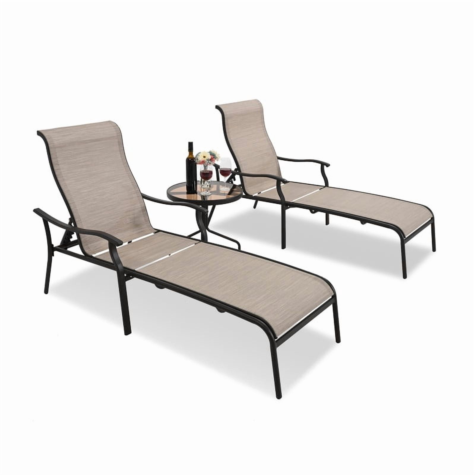 3-Piece Patio Chaise Lounge Set, Double Patio Lounge Chair with Glass Coffee Table, Patio Converstaion Set for Poolside Backyard