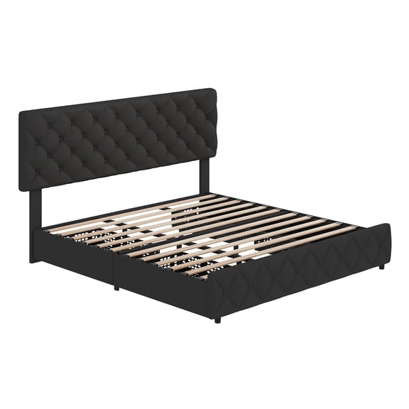Platform Bed Frame with 4 Storage Drawers Upholstered, Adjustable Diamond Tufted Headboard Noise Reducing No Box Spring Needed Full Queen King Grey Linen
