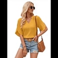 thumbnail image 3 of Blusas de Mujer de con Cuello en V, Corta, Holgadas, Informales, de Negocios, de Verano, Color Amarillo, Talla M, 3 of 10