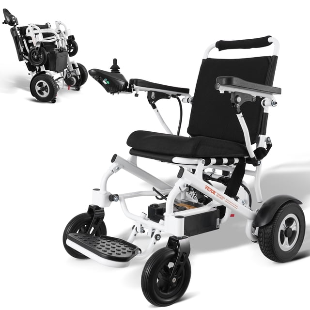 VEVOR Electric Wheelchair for Adults Seniors with a 300 lbs weight capacity and 17.7-inch wide seat. The wheelchair features a lightweight aluminum alloy frame, solid explosion-proof tires, and a one-button folding design for compact storage. It includes a joystick with 5-speed control, a thickened cushion for comfort, and adjustable armrests and footrests for easy access. The wheelchair is shown in a white and black design, with a folded view in the background highlighting its portability.