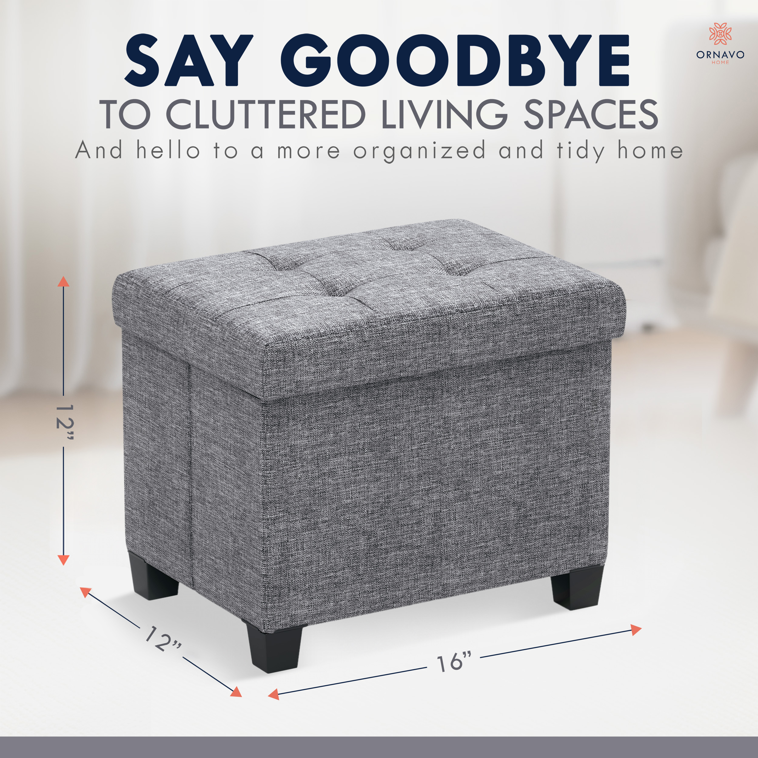 Ornavo Home Small Storage Ottoman with Legs, Gray Linen photo 4
