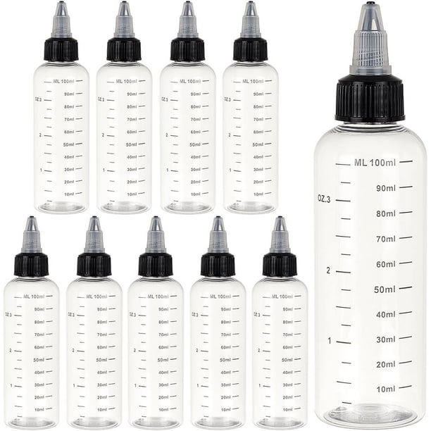 10 botellas exprimibles de plástico transparente de 100 ml/3,38 oz con escala y tapa de rosca negra. Botellas dispensadoras graduadas.