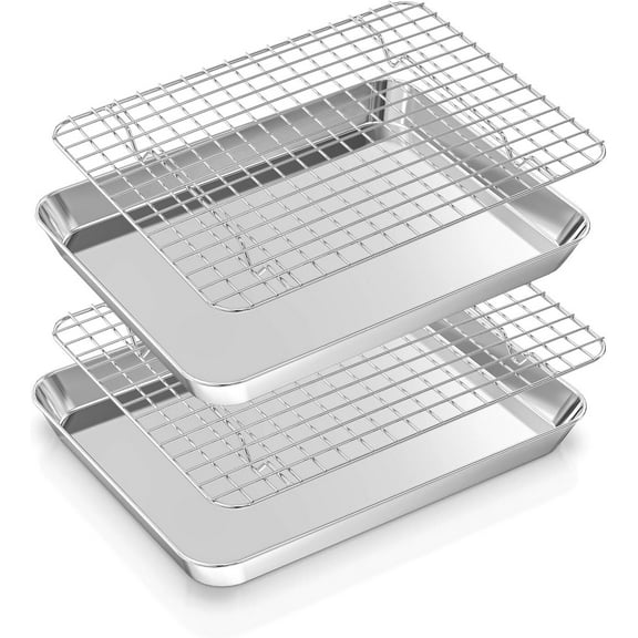 Baking Sheet with Rack Set (2 Pans   2 Racks), Stainless Steel Cookie Sheet with Cooling Rack, Nonstick Baking Pan, Warp Resistant & Heavy Duty & Rust Free, Size 9 x 7 x 1 Inches