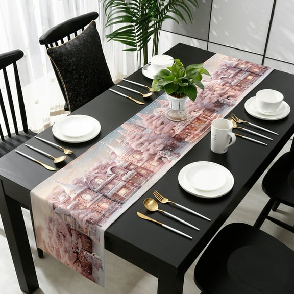 Christmas House, Cotton Linen Small Table Runner 13 x 60 inch Blush Pink Romantic Snowflake Non-slip Rectangular Dining Table Decor for Wedding Party Holiday Dinner