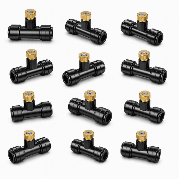 Stcellnmex 12 Pcs Brass Misting Nozzles 1/4 Inch Thread Water Misting Tees Orifice Nozzle with Plug for DIY Outdoor Garden Cooling Spray System
