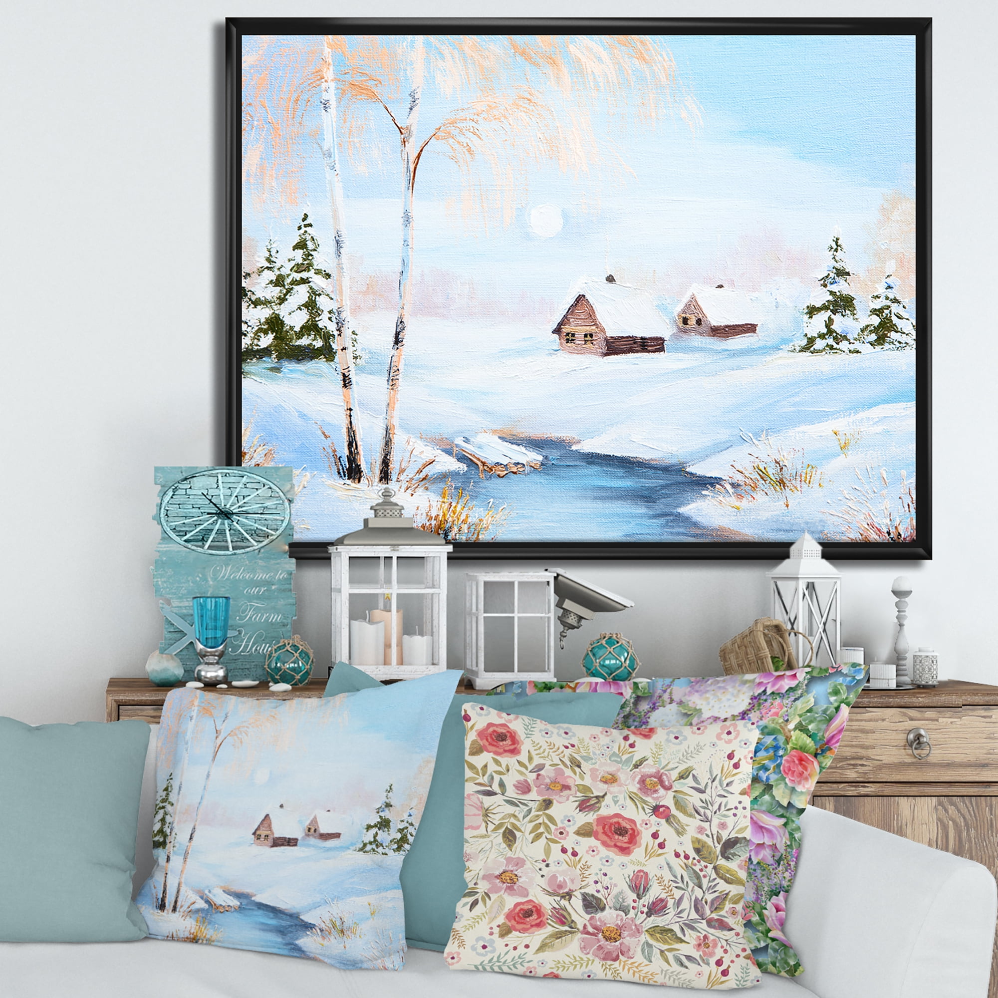 Frozen River In The Forest Winter Landscape 40 in x 30 in Framed Painting Canvas Art Print, by Designart