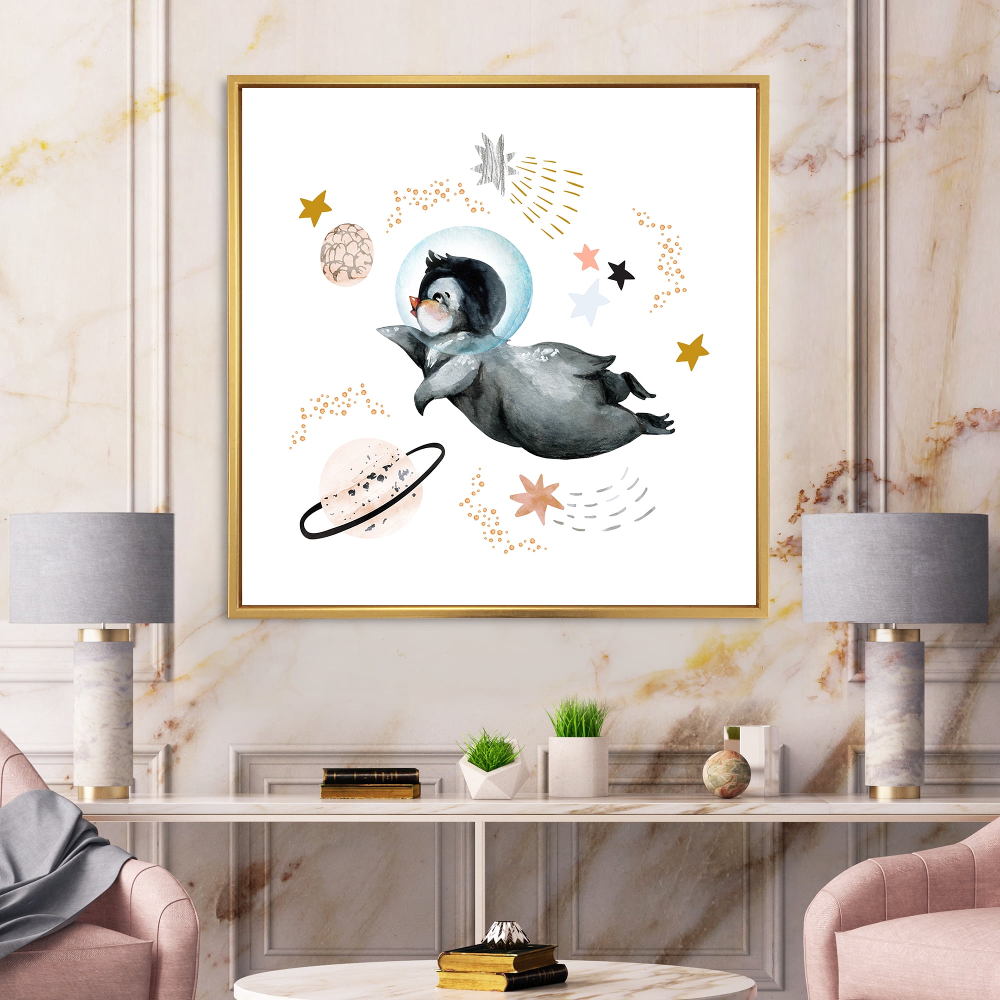 Designart 'Little Penguin Flying Planets and Stars II' Farmhouse Framed Canvas Wall Art Print