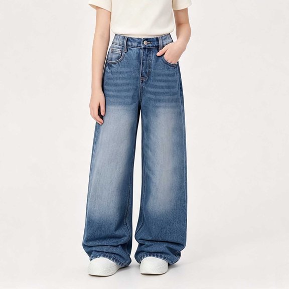 YUANxueke Girls High Waist Jeans Fashion Straight Wide Leg Denim Pants Casual Fall Winter Outfit Trousers