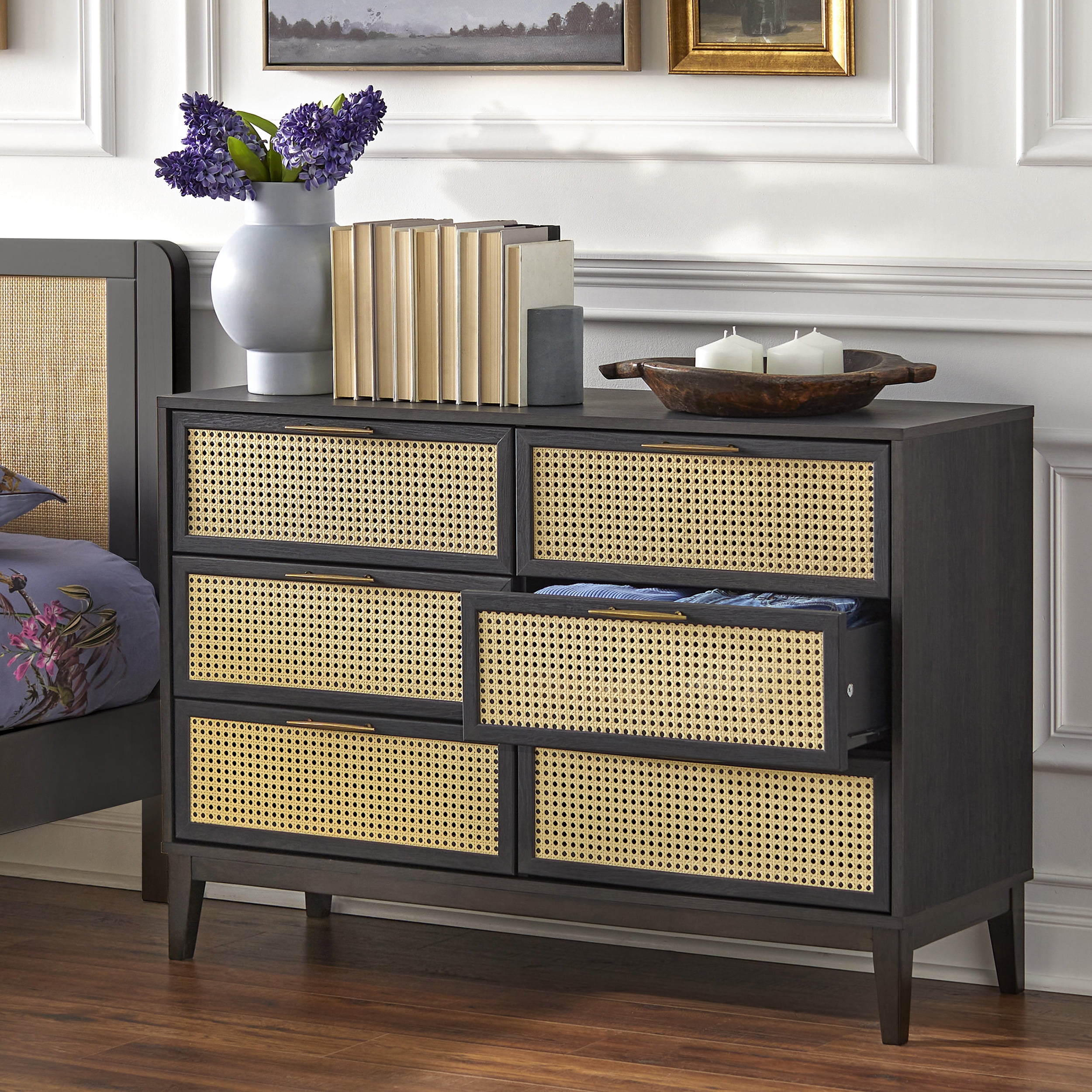 TMS Watson 6-Drawer Dresser with Natural Cane Drawer Fronts, Black