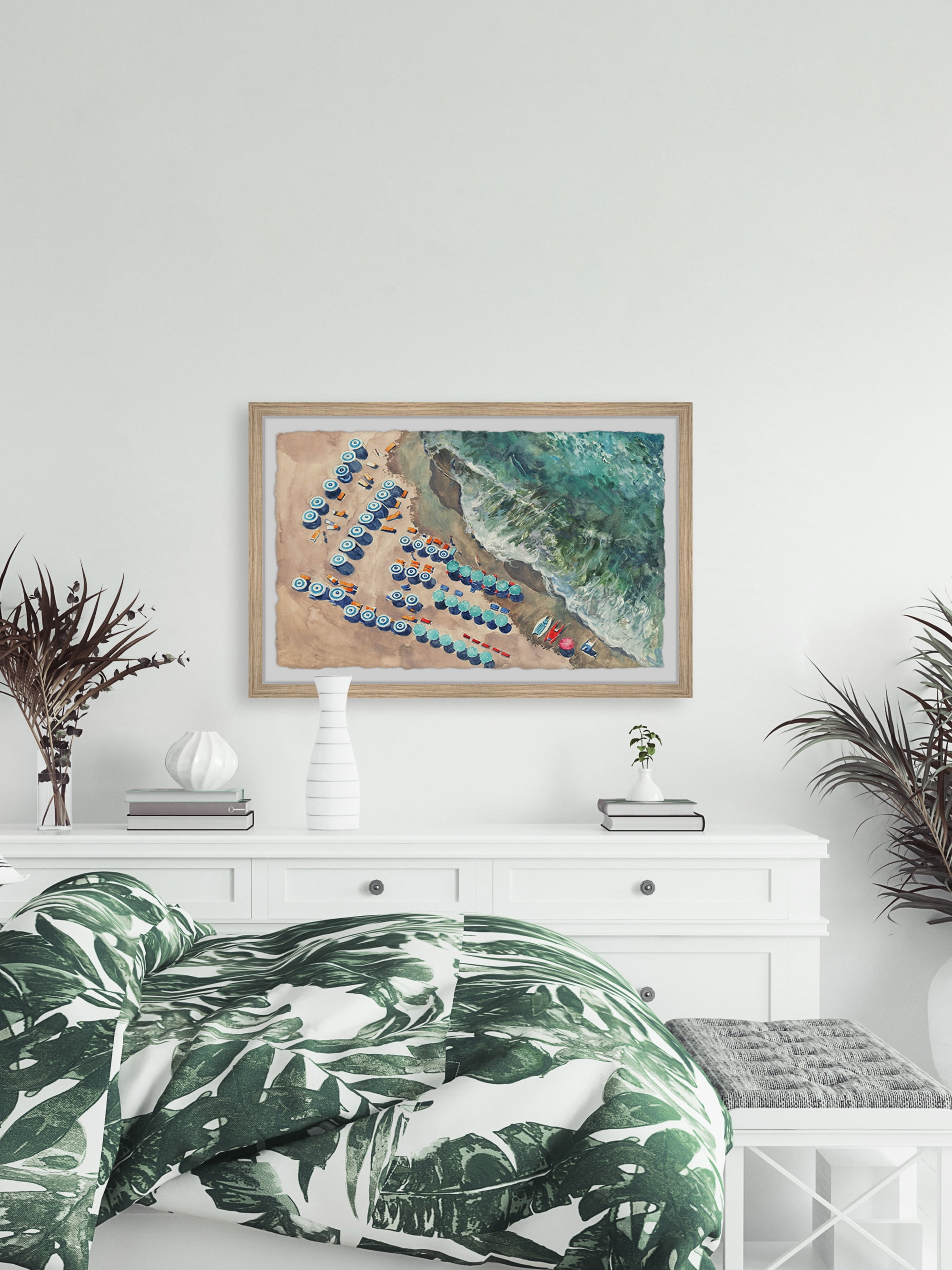 Marmont Hill Blue Beach Umbrellas Framed Wall Art, 1.50" x 18.00"