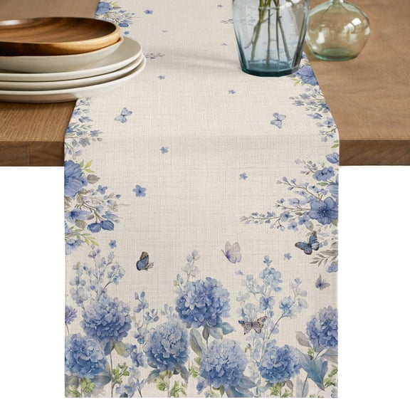 Table Runners 36 Inches Long Dress Scarves, Blue Hydrangea Farmhouse Kitchen/Dining Table Decor Table Runner, Short Coffee Tablerunners, Farmhouse Floral Butterflies Rustic Beige 13x36 Inch
