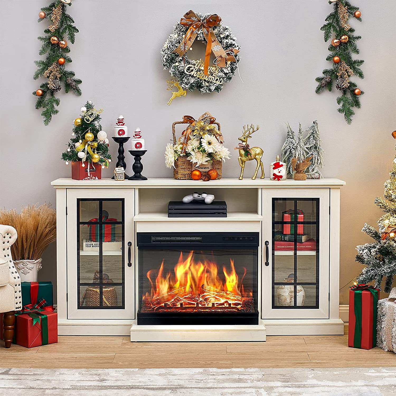 VANACC TV Stand with 3-Sided Glass Electric Fireplace, 59" Media Entertainment Center with Farmhouse Glass Door, TV Console Table for TVs up to 65"/Distressed White