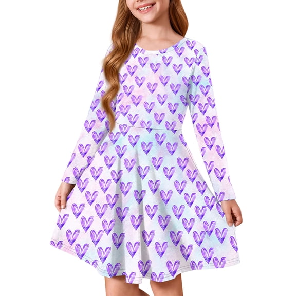 Abcomgle Valentines Dresses for Girls 5t-6t Cute A-Line Long Sleeve Midi Dress for Girls Funny Love Heart Dresses for Girls Crewneck Holiday Swing Dress Clothes for Girls,