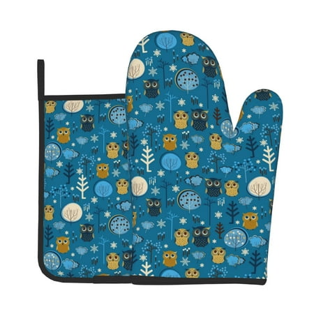 

Zeuib Owls And Trees Print Oven Mitt & Pot Holder Set 2-Pack Kitchen Gloves and Hot Pads for Cooking BBQ Grilling Baking