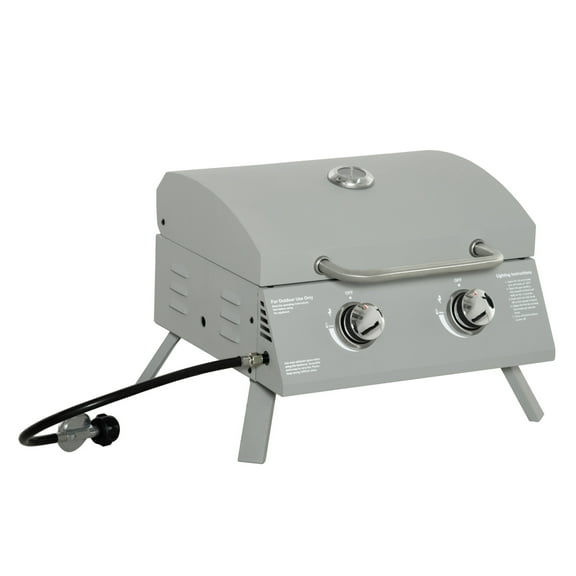 Propane Gas Grill 2 Burner, Portable Tabletop BBQ Grill with Foldable Legs & Lid for Outdoor Camping Picnic Backyard - Light Grey
