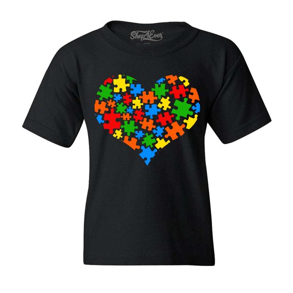 Shop4Ever Kids Puzzle Heart Support Autism Awareness Graphic Child's Youth T-Shirt Small Black