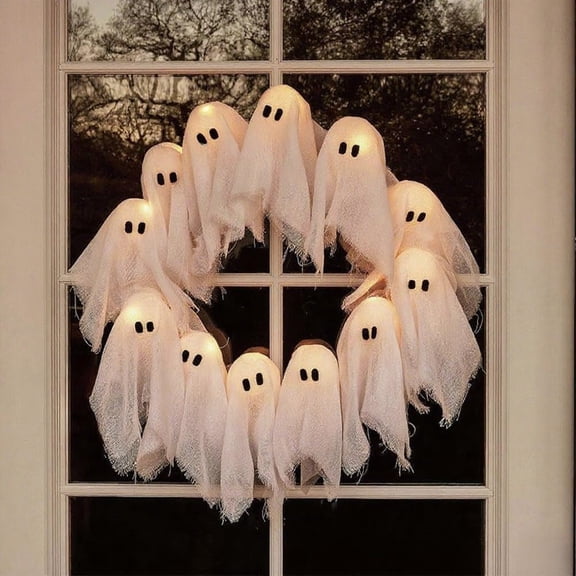 Eerie Glow! Halloween 12 - LED Light - Up White Ghost Wreath Garland - Spine - Chilling Indoor/Outdoor Hanging Decor for Front Door, Wall & Party, Ultimate Holiday Spooky Vibes