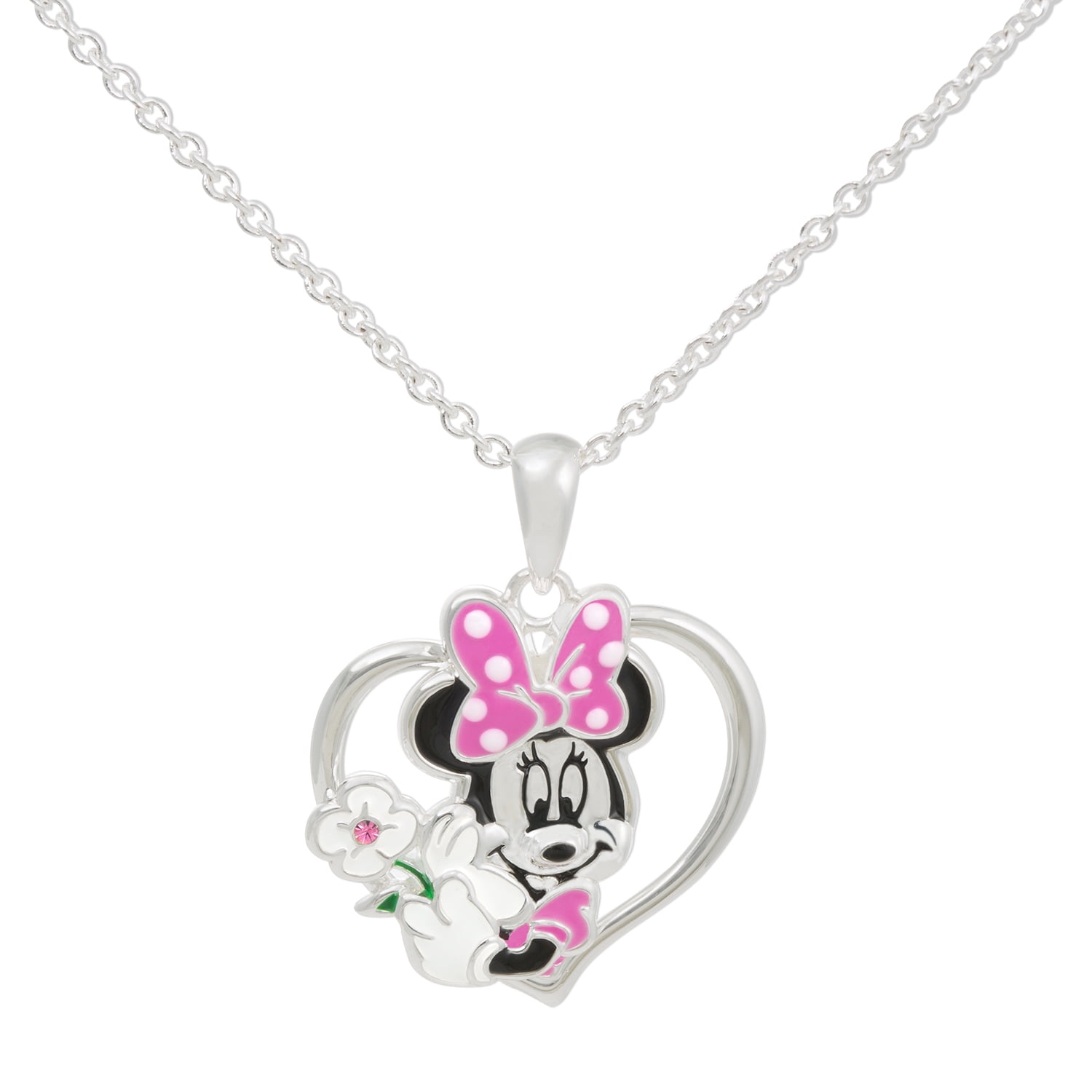 Disney Minnie Mouse Girls' Silver Plated Heart Pendant Necklace, 18' Chain