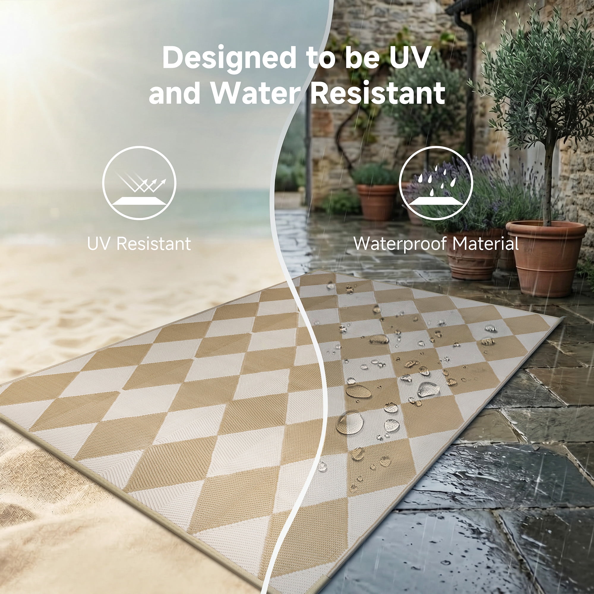 BERTHMEER 5'x8' Outdoor Rugs Waterproof Plastic Rugs Checkered Patio Rugs Straw Rugs Camping Rugs, Porch,Deck Rugs, RV Rugs for outside, Beige