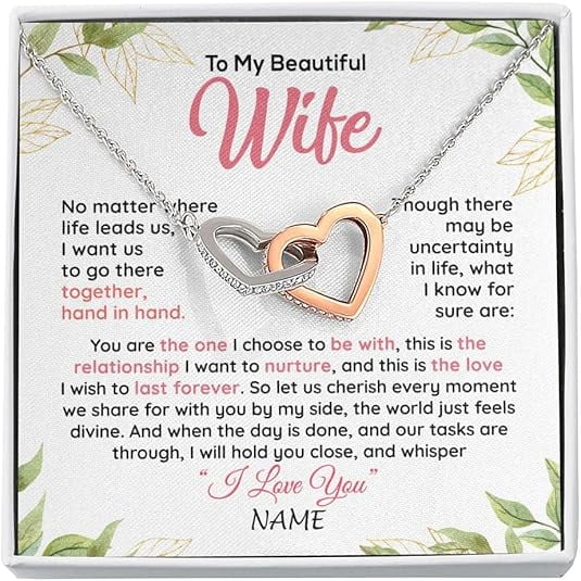 To My Wife Necklace Gift with Heart Touching Message Card and Gift Box, Cute Birthday Gift for Wife from Husband, Interlocking Heart Necklace for Wife, Zircon Necklace for Women