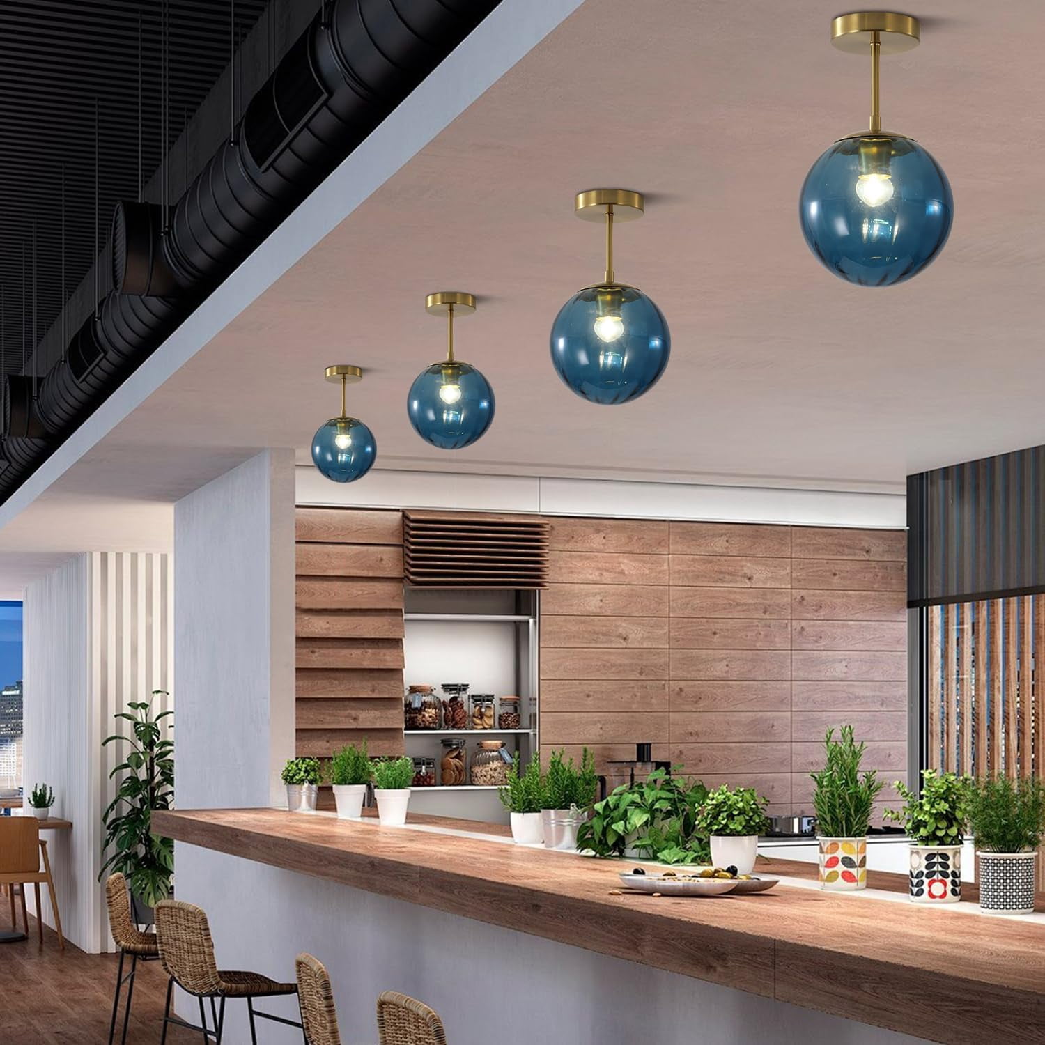 KCO Lighting Minimalist Blue Glass Semi Flush Mount Ceiling Light, Brushed Gold Globe Ceiling Lamp