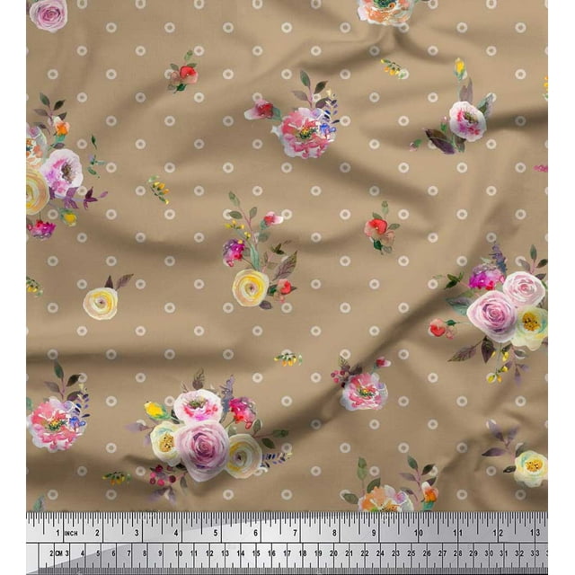 Soimoi Green Rayon Crepe Fabric Leaves,Small Circle & Floral Printed Craft Fabric by The Yard 46 Inch Wide