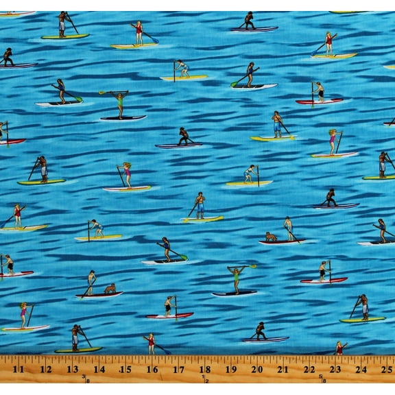 Cotton Paddleboards People Paddleboarding Beach Summer Water Sports Water Wave Blue Cotton Fabric Print by the Yard (GM-C8773-BLUE)