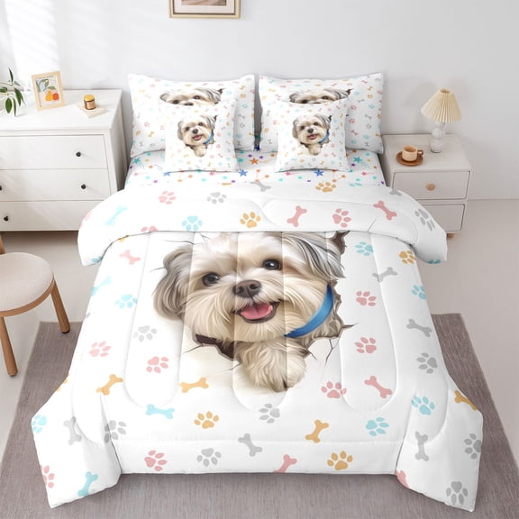 Homewish Cute Maltese Dog 7-Piece Twin Bedding,Kawaii Paw Print Bedding Comforter Set,White,Colorful Stars Reversible