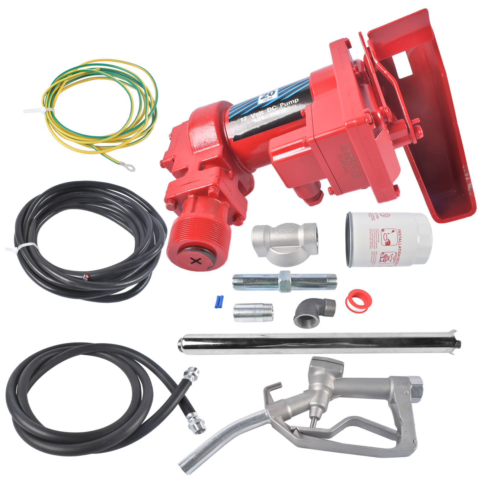 Mustrod High Flow 20 GPM Cast Iron Fuel Transfer Pump 12V w/ Manual Nozzle for Gasoline Diesel Kerosene