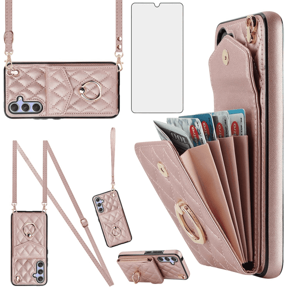 Asuwish Wallet RFID Blocking PU Leather Cell Phone Case with Tempered Glass Screen Protector, Wrist Strap for Samsung Galaxy A14/M14 5G, Rose Gold