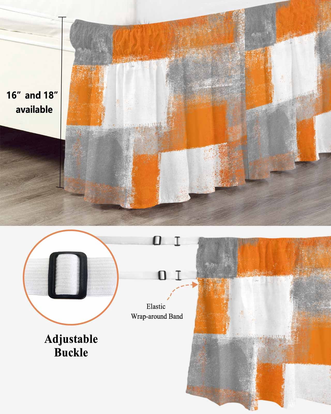 Orange Grey White Modern Wrap Around Bed Skirts for King Bed 16" Drop,Bed Skirt with Adjustable Elastic Belt Dust Ruffle Bed Valance for Bedroom Hotel Luxury Abstract Art Oil Painting Bed Frame Cover