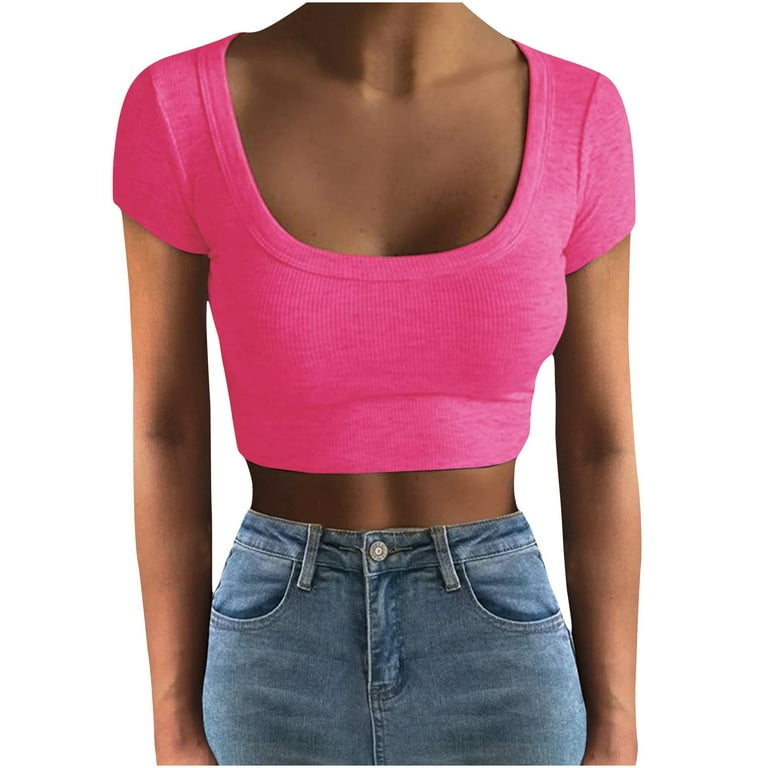 Hot Pink Snatched Rib Band Short Sleeve Crop Top