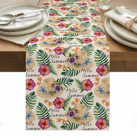 Tropical Summer Table Runner - 70 Inch Long Kitchen Dining Table Runner Dresser Scarves Coastal Palm Leaf Flowers Starfish Farmhouse Decor for Coffee Tables Wedding Party Banquet