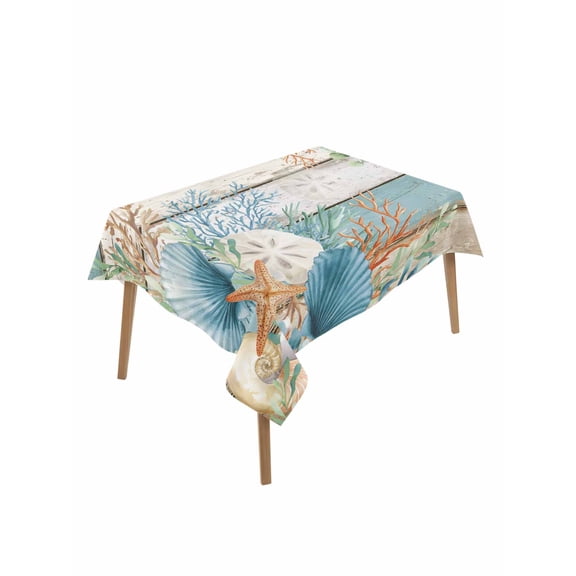Teal Brown Beach Coastal Table Cloth, Waterproof Tablecloth for Rectangle Tables, Summer Nautical Coral Shell Botanical Vintage Washable Fabric Table Cover for Restaurant Kitchen Dining 52"x70"