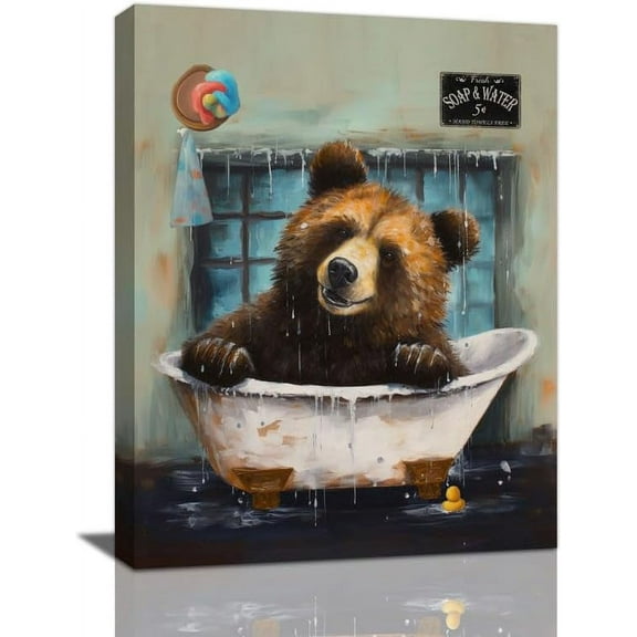 Bear Bathroom Decor Wall Art Bear Poster Funny Bear Pictures for Bathroom Humor Bathroom Canvas Print Animal Bathroom Wall Décor Unframed Artwork Ready to Hang