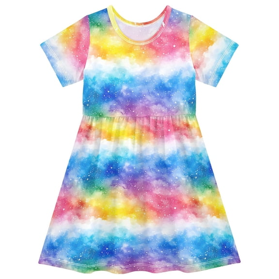 joogoo Rainbow Tie Dye Girls' Short Sleeve Dress Kids Dresses 5-6T