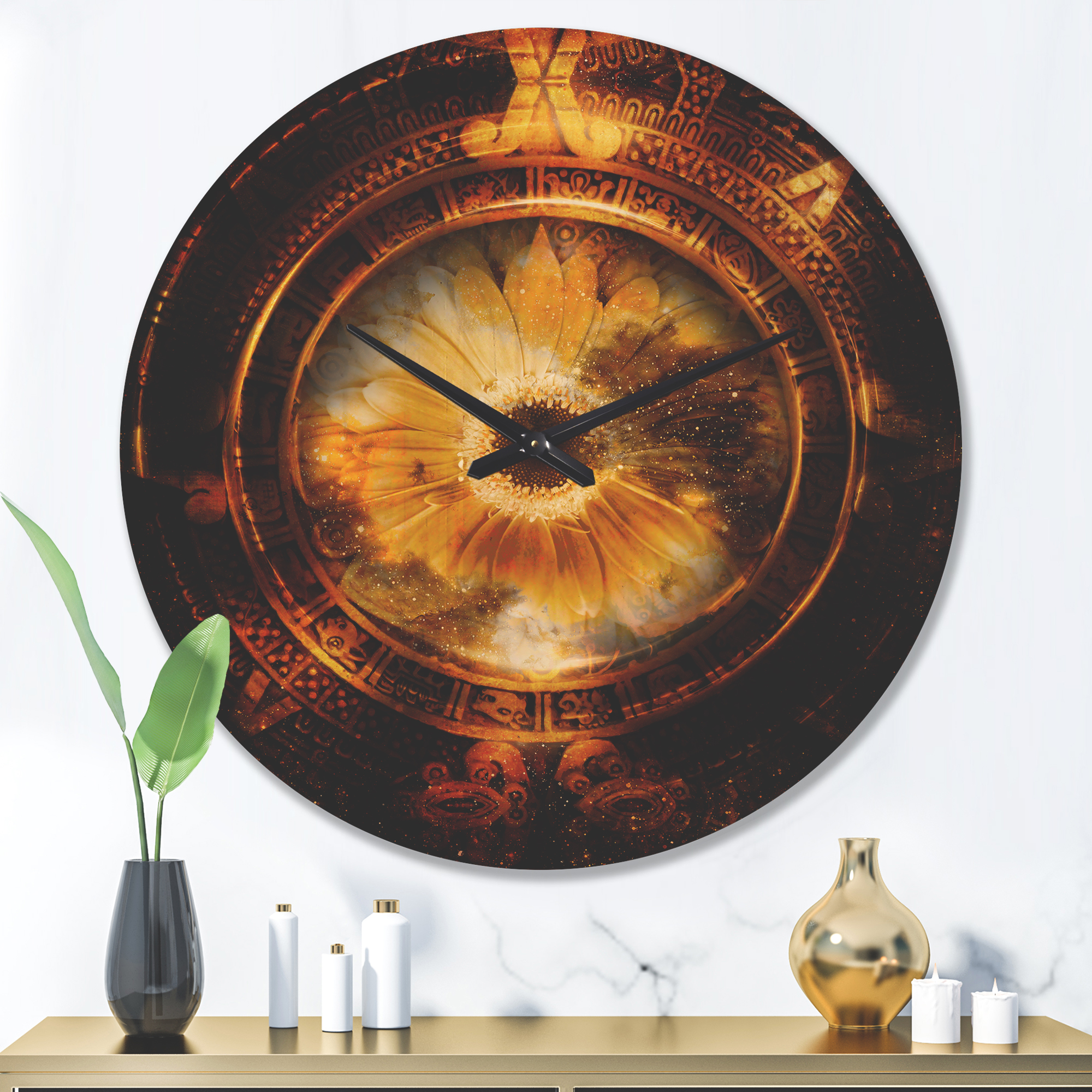Designart 'Ancient Mayan Calendar Collage With Sunflower' Modern Wood Wall Clock