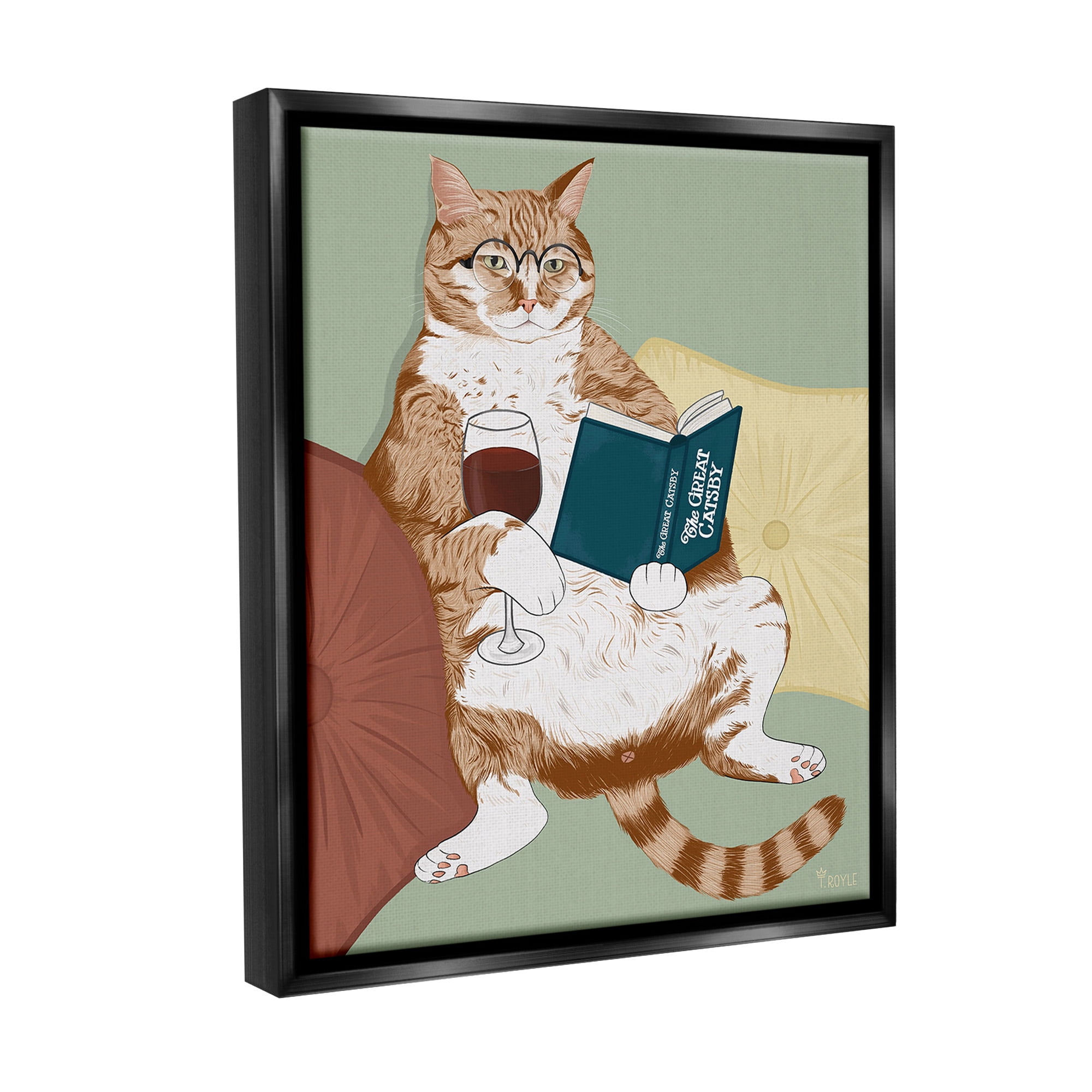 Stupell Industries Cat Reading with Wine Animals & Insects Painting Black Floater Framed Canvas Art Print Wall Art, 25 x 31