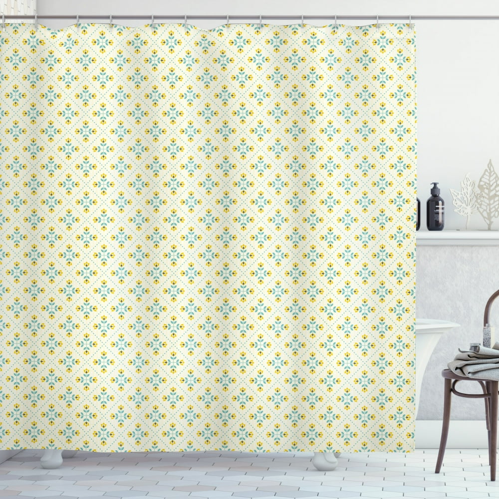 Yellow and Blue Shower Curtain, Traditional Scandinavian Flowers on