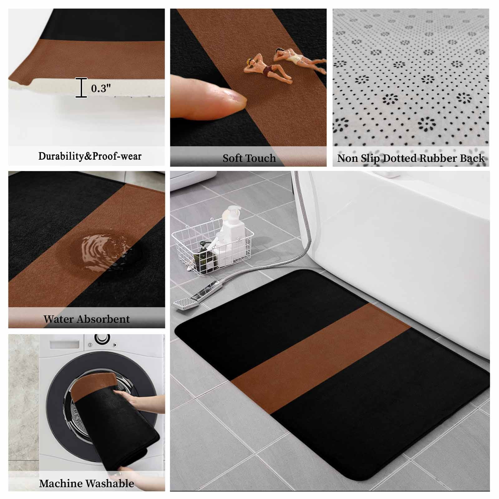 Black Brown Bath Mat 3 Piece Bathroom Rug Set, Contemporary Boho Modern Art Non Slip Bath Rug Contour Mat and Toilet Lid Cover, Absorbent Shower Mats Soft Bath Rugs and Mats Sets