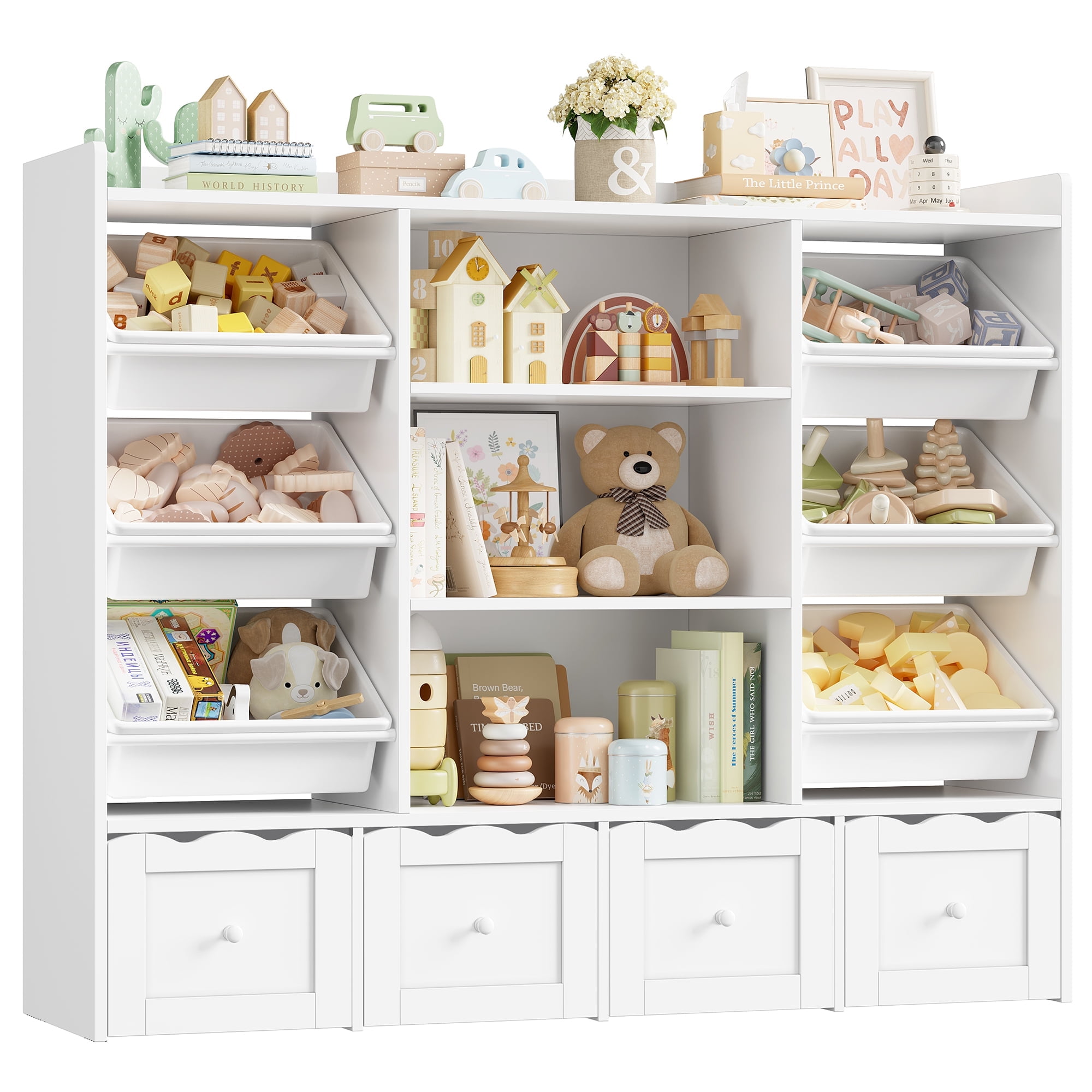 Hiphuta 55" Wide Toy Storage Organizer with 4 Removable Drawers, 4-Tier Kid Bookcase with 6 Bins, Toy Organizer with Bookcase for Kid Bedroom Playroom, White