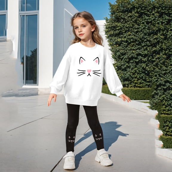 Angala 2 Piece Outfits For Girls Crew Neck Long Sleeve Graphic Print Sweatshirt With Pants Set Girls Autumn Daily Wear Clothes
