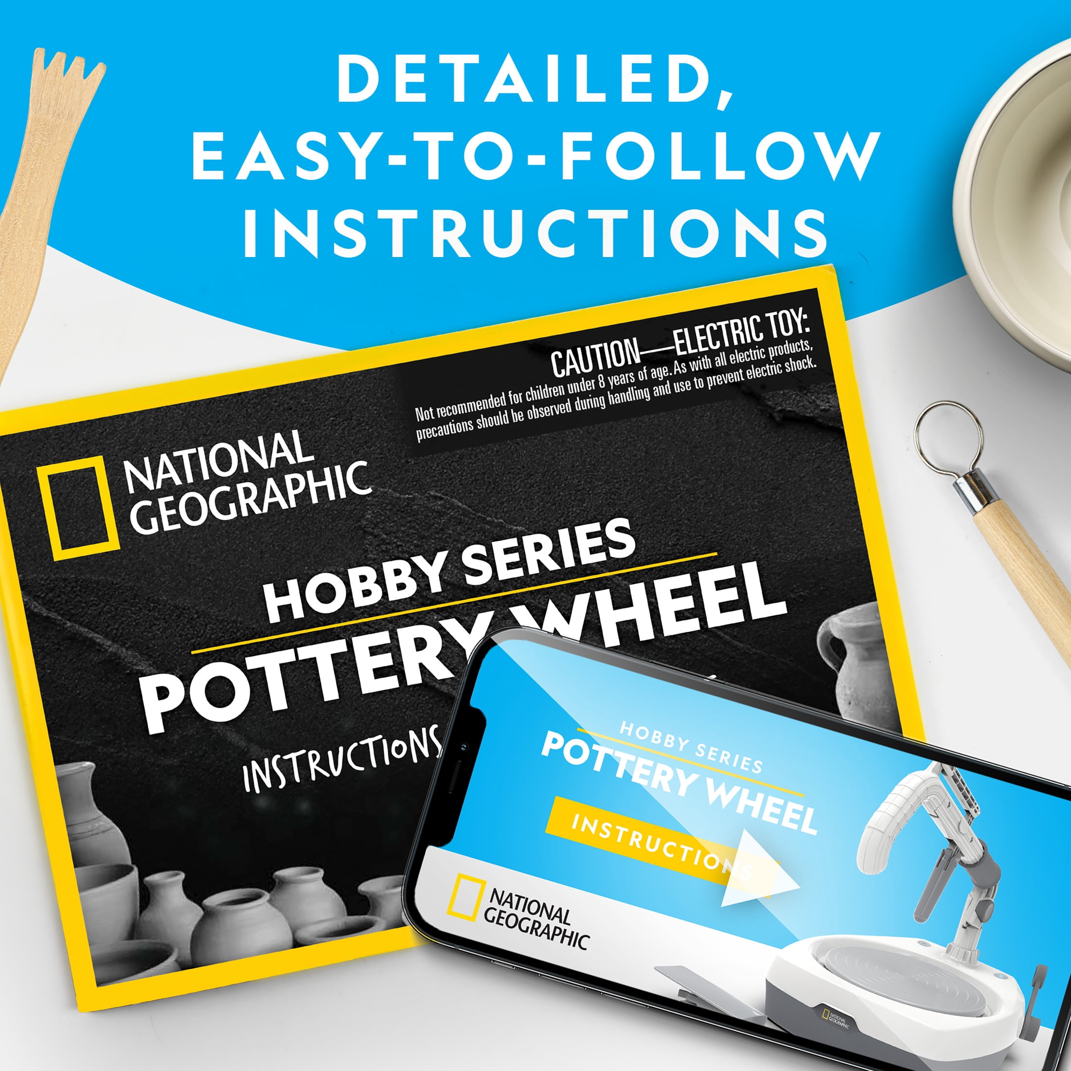 NATIONAL GEOGRAPHIC Hobby Pottery Wheel Kit - 8" Variable Speed Pottery Wheel for Adults & Teens Age 14+ with Innovative Arm Tool, 3 lbs. Air Dry Clay & Art Supplies