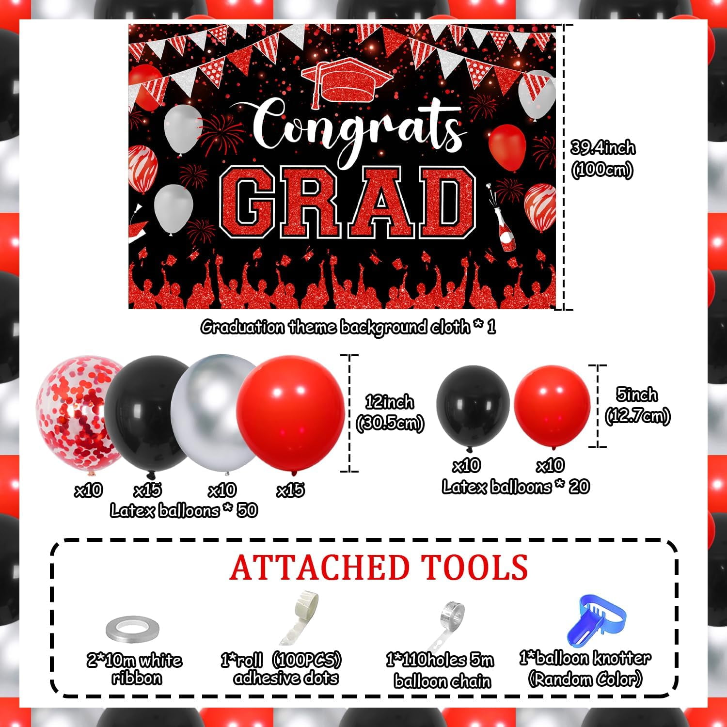 Congnats Grad Theme Party Decorations, Red and Black Graduation Party Decorations 2024 with Red Black Balloon Arch Garland kit, Graduation theme backdrop for Graduation Decor Birthday Anniversary