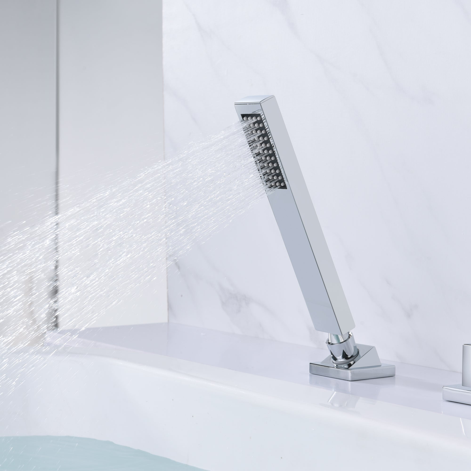 Waterfall Deck Mounted Roman Tub Faucet with Handheld Sprayer, Chrome Finish