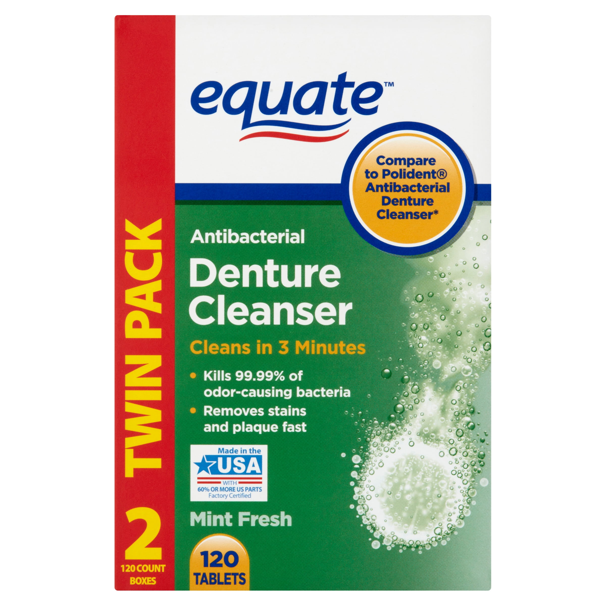 Equate Mint Fresh Antibacterial Denture Cleanser Tablets Twin Pack, 120 count, 2 pack