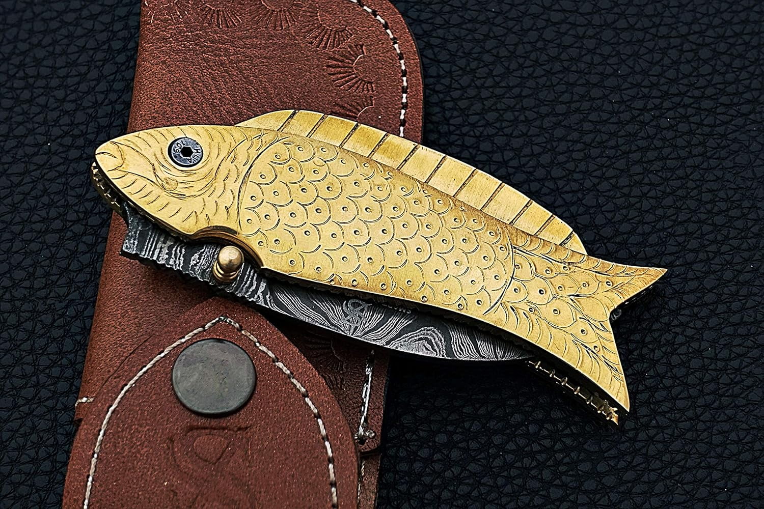 Smart & Sharp Custom Handmade Damascus Steel Fish Knife/Folding Knife/Pocket Knife SS-17370(Brass Engraved Handle)