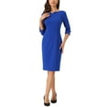 thumbnail image 1 of INSPIRE CHIC Robes Midi pour Femmes Manches 3/4 Encolure Cœur Coupe Ajustée Robe Crayon de Travail Bleu Royal P, 1 of 5