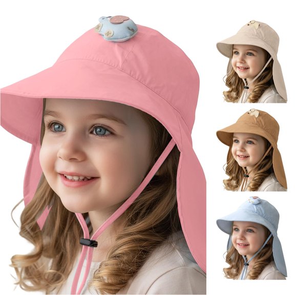 Oiyii Toddler Girls Lightweight Bucket Hats Cartoon Appliqué Camping Sun Hats, Pink