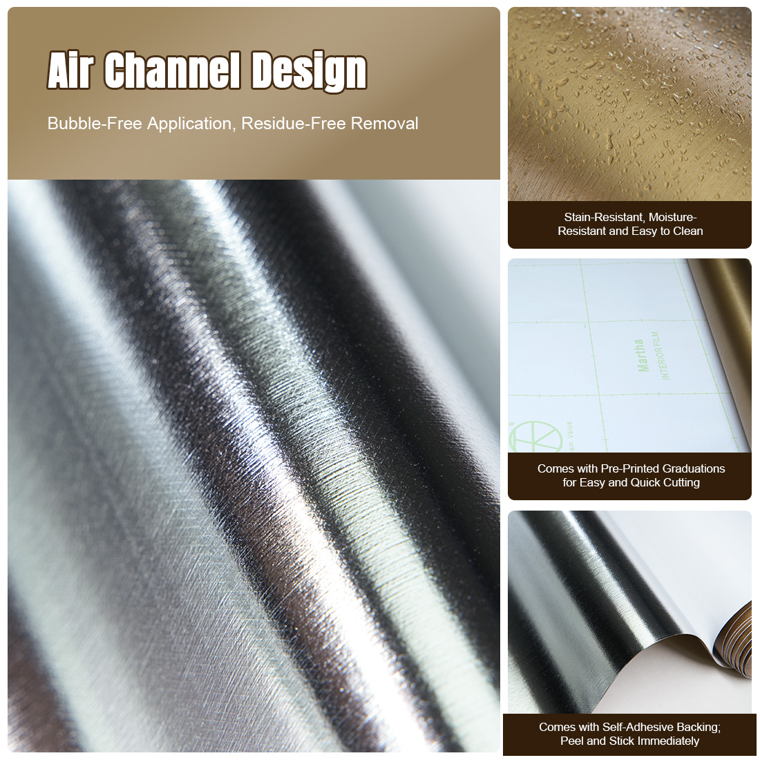 Brushed Metal Texture PET Peel and Stick Wallpaper Self Adhesive Waterproof Metallic Vinyl Finish for Wall Backsplash or Furniture Industrial Style Refrigerator Color Change 23.62 in*118/ 197 in